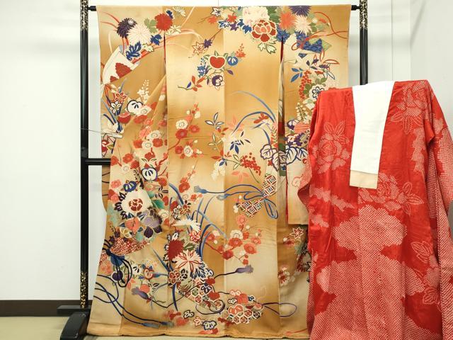 平和屋本店■極上　アンティーク　大正ロマン　振袖・長襦袢セット　駒刺繍　吉祥草花文　暈し染め　金彩　逸品　CZAA2271s5