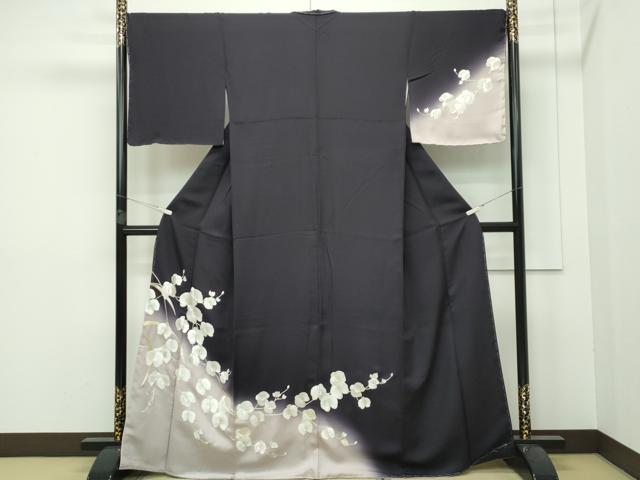 平和屋本店●極上 訪問着 総手刺繍 胡蝶蘭 暈し染め 金糸 黒紅色地 逸品 未使用 CZAA2275s5