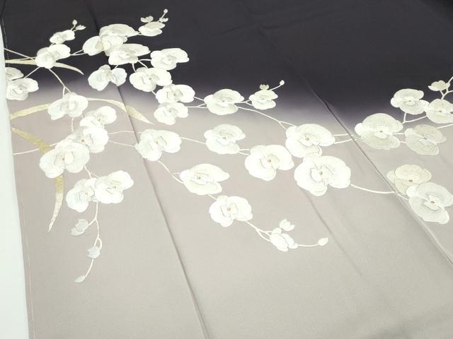 平和屋本店●極上 訪問着 総手刺繍 胡蝶蘭 暈し染め 金糸 黒紅色地 逸品 未使用 CZAA2275s5