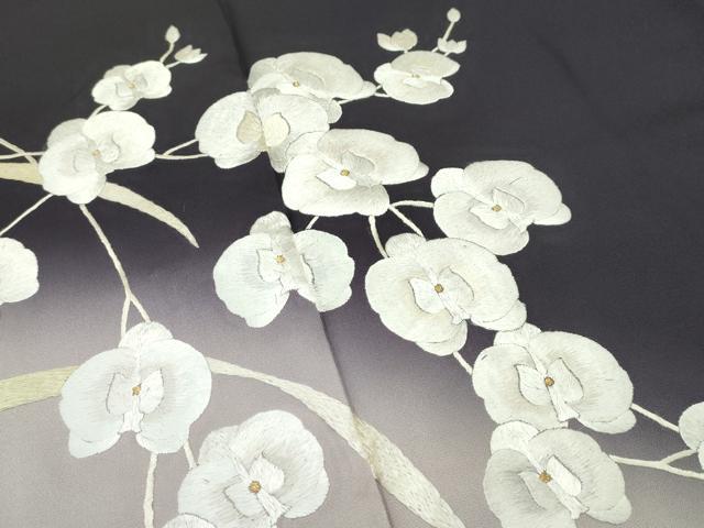 平和屋本店●極上 訪問着 総手刺繍 胡蝶蘭 暈し染め 金糸 黒紅色地 逸品 未使用 CZAA2275s5