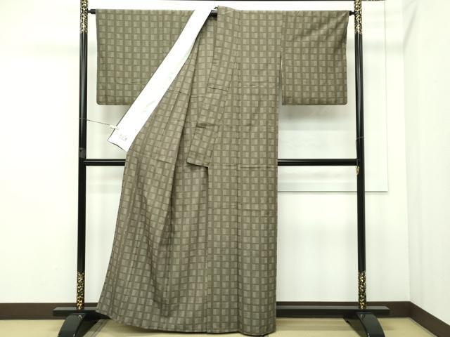 平和屋本店▽極上 洗える最高級着物 ＜英＞はなぶさ謹製 小紋 単衣 格子柄 媚茶色地 逸品 CZAA2320s5