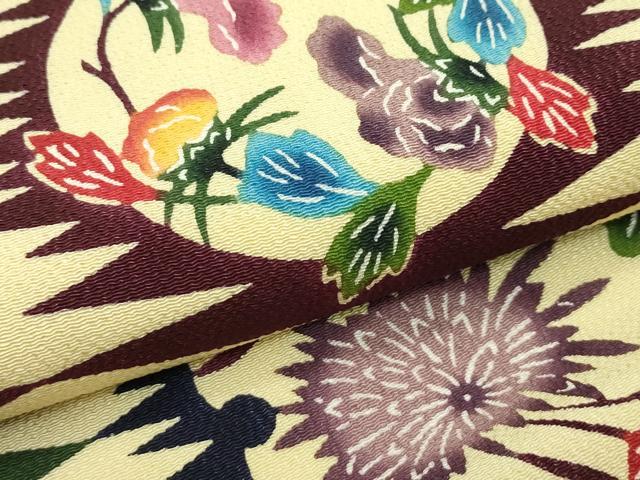平和屋本店■最高級　城間栄順　本場琉球紅型　九寸名古屋帯　草花丸文　鬼しぼ縮緬　逸品　未使用　CZAA2339s5