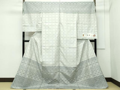 平和屋本店■極上 訪問着  仮絵羽 渡源織物謹製 紬地 格子柄 七宝文 北限の絣 彩雪 天蚕 上代97万 証紙付 逸品 未使用 CZAA2394s5