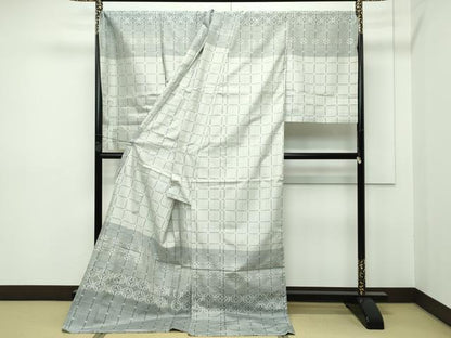 平和屋本店■極上 訪問着  仮絵羽 渡源織物謹製 紬地 格子柄 七宝文 北限の絣 彩雪 天蚕 上代97万 証紙付 逸品 未使用 CZAA2394s5