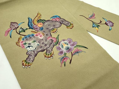 平和屋本店■最高級　城間栄順　本場琉球紅型　九寸名古屋帯　唐獅子牡丹　鬼しぼ縮緬　朽葉色地　逸品　CZAA2435s5