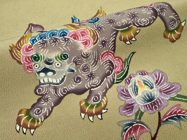 平和屋本店■最高級　城間栄順　本場琉球紅型　九寸名古屋帯　唐獅子牡丹　鬼しぼ縮緬　朽葉色地　逸品　CZAA2435s5