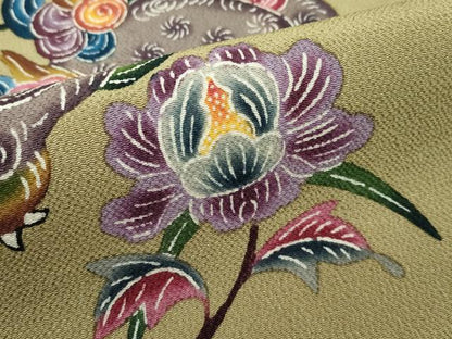 平和屋本店■最高級　城間栄順　本場琉球紅型　九寸名古屋帯　唐獅子牡丹　鬼しぼ縮緬　朽葉色地　逸品　CZAA2435s5