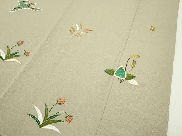 平和屋本店■超希少　友禅染色家　品川恭子　訪問着　花鳥文　金彩　利休茶色地　逸品　未使用　CZAA2447s5