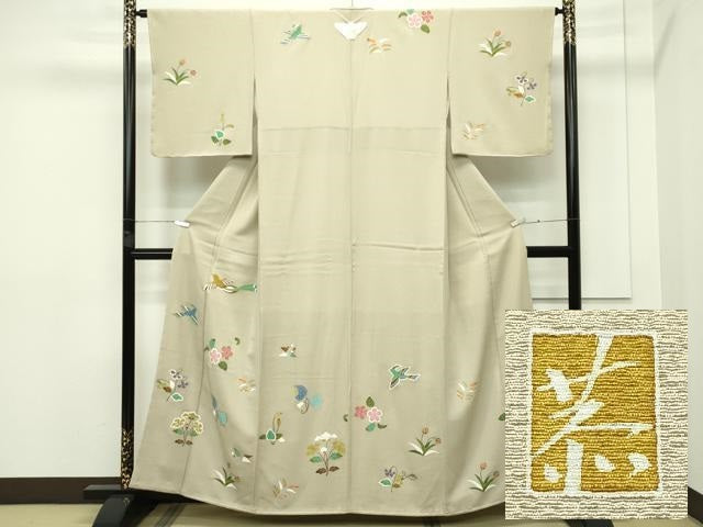 平和屋本店■超希少　友禅染色家　品川恭子　訪問着　花鳥文　金彩　利休茶色地　逸品　未使用　CZAA2447s5