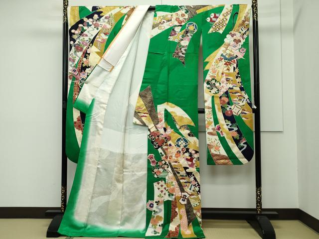 平和屋本店■極上　創業460年・千總　振袖　駒刺繍　宝尽くし　金彩　常盤色地　逸品　CZAA2492s5