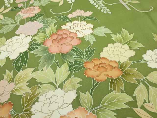平和屋本店●極上　創業460年・千總　訪問着　駒刺繍　草花文　金彩　青丹色地　三越扱い　逸品　CZAA5716s6