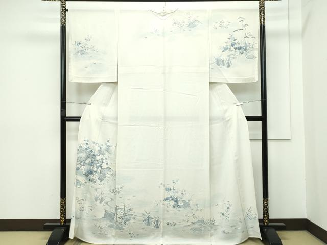平和屋本店＊極上　夏物　訪問着　風景文　絽縮緬　暈し染め　銀彩　練色地　逸品　未使用　CZAA2645s5