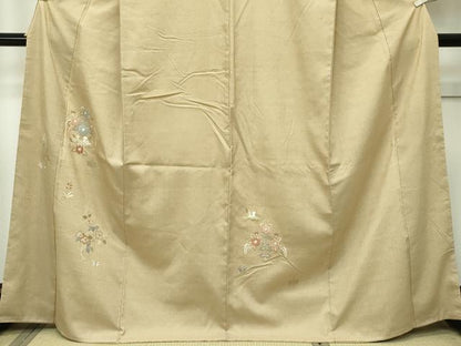 平和屋本店■極上 創業460年・千總 訪問着 紬地 総刺繍 相良刺繍 本草木染 花鳥文 金糸 飴色地 反端付き 逸品 未使用 CZAA2652s5
