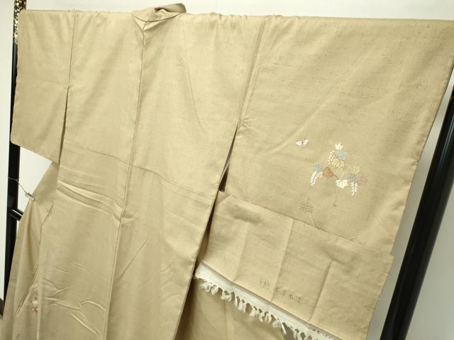平和屋本店■極上 創業460年・千總 訪問着 紬地 総刺繍 相良刺繍 本草木染 花鳥文 金糸 飴色地 反端付き 逸品 未使用 CZAA2652s5