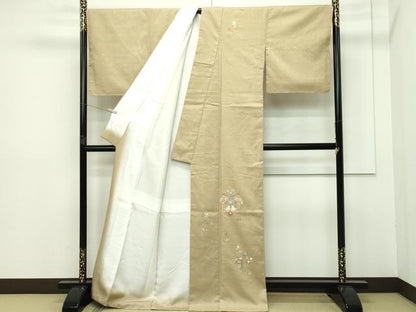 平和屋本店■極上 創業460年・千總 訪問着 紬地 総刺繍 相良刺繍 本草木染 花鳥文 金糸 飴色地 反端付き 逸品 未使用 CZAA2652s5