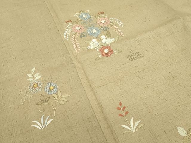 平和屋本店■極上 創業460年・千總 訪問着 紬地 総刺繍 相良刺繍 本草木染 花鳥文 金糸 飴色地 反端付き 逸品 未使用 CZAA2652s5