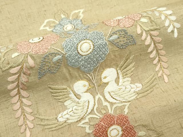 平和屋本店■極上 創業460年・千總 訪問着 紬地 総刺繍 相良刺繍 本草木染 花鳥文 金糸 飴色地 反端付き 逸品 未使用 CZAA2652s5