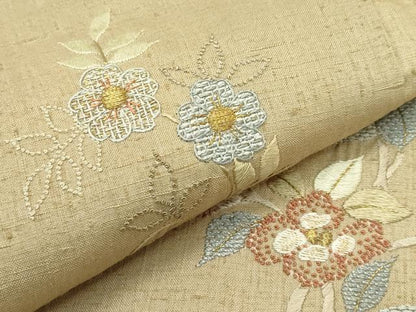 平和屋本店■極上 創業460年・千總 訪問着 紬地 総刺繍 相良刺繍 本草木染 花鳥文 金糸 飴色地 反端付き 逸品 未使用 CZAA2652s5
