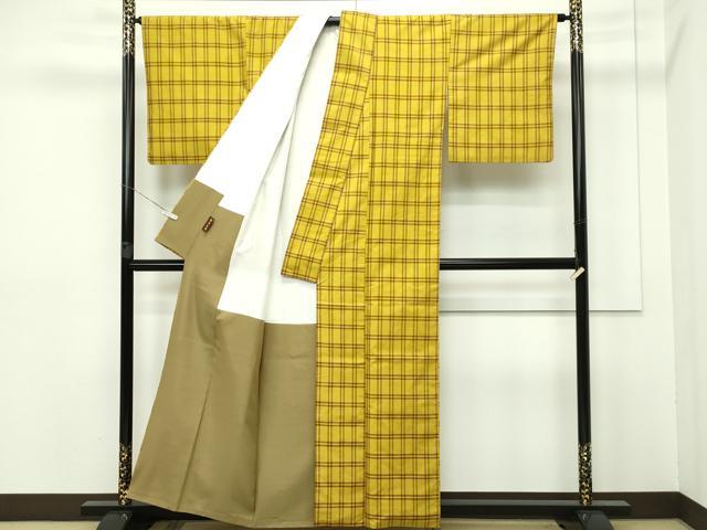 平和屋本店■超希少　本場黄八丈　東京都無形文化財　山下めゆ　草木染　格子柄　証紙付き　逸品　CZAA2662s5
