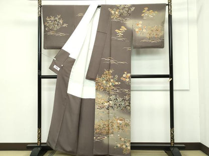 平和屋本店■極上　十日町　加賀草木友禅の第一人者　田村哲彦　訪問着　文箱貝桶草花文　暈し染め　海松茶色地　逸品　未使用　CZAA2667s5