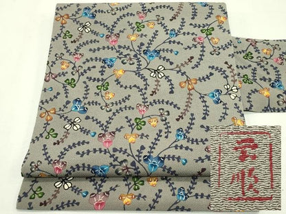平和屋本店■最高級　城間栄順　本場琉球紅型　九寸名古屋帯　草木文　鬼しぼ縮緬　利休色地　逸品　未使用　CZAA2691s5