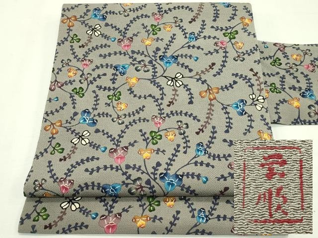 平和屋本店■最高級　城間栄順　本場琉球紅型　九寸名古屋帯　草木文　鬼しぼ縮緬　利休色地　逸品　未使用　CZAA2691s5