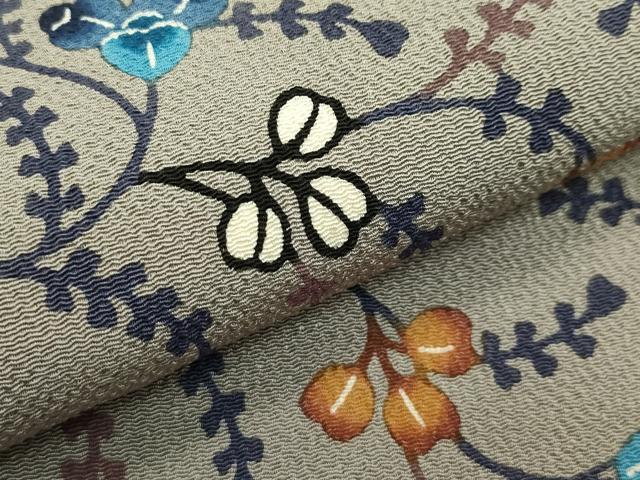 平和屋本店■最高級　城間栄順　本場琉球紅型　九寸名古屋帯　草木文　鬼しぼ縮緬　利休色地　逸品　未使用　CZAA2691s5