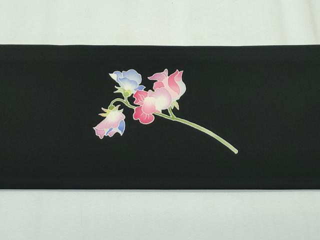 平和屋本店●極上 塩瀬 九寸名古屋帯 友禅 作家物 草花文 黒地 逸品 未使用 CZAA2695s5