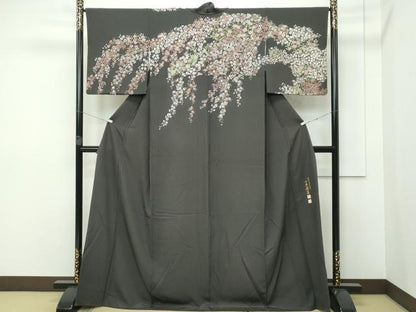 平和屋本店■極上　創業明治元年、京の老舗【小糸染芸】　小糸敏夫　訪問着　草花文　黒橡色地　逸品　未使用　CZAA2712s5