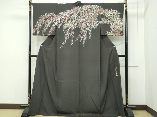 平和屋本店■極上　創業明治元年、京の老舗【小糸染芸】　小糸敏夫　訪問着　草花文　黒橡色地　逸品　未使用　CZAA2712s5
