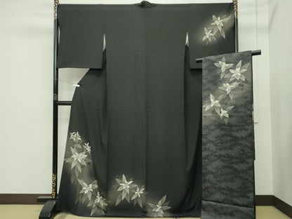 平和屋本店●極上 京都の名門ブランド 銀花仙 訪問着・袋帯セット 手描き 草花文 暈し染め 檳榔子染色地 やまと金ラベル 逸品 CZAA5401s6