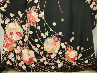 平和屋本店●極上 世界的ファッションデザイナー 山本寛斎 kansaiブランド 振袖 刺繍 花丸文 黒地 金銀糸 逸品 CZAA2725s5