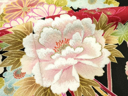 平和屋本店●極上 世界的ファッションデザイナー 山本寛斎 kansaiブランド 振袖 刺繍 花丸文 黒地 金銀糸 逸品 CZAA2725s5