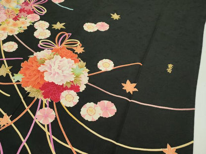 平和屋本店●極上 世界的ファッションデザイナー 山本寛斎 kansaiブランド 振袖 刺繍 花丸文 黒地 金銀糸 逸品 CZAA2725s5