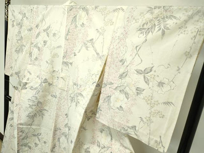 平和屋本店▽極上　創業460年・千總　紬　単衣　手描き　草花文　伊勢丹扱い　反端付き　逸品　CZAA5749s6