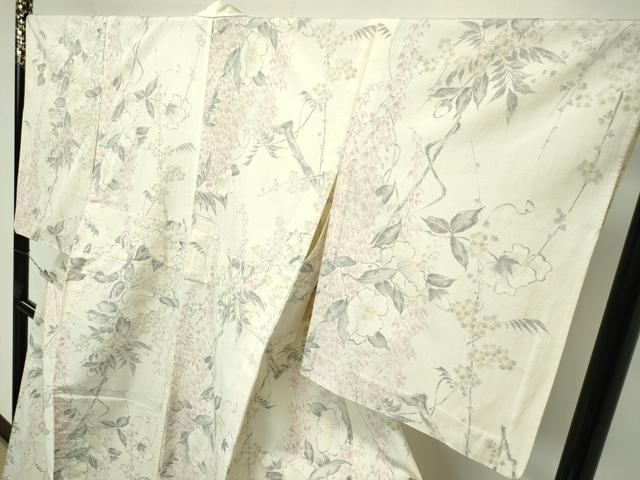 平和屋本店▽極上　創業460年・千總　紬　単衣　手描き　草花文　伊勢丹扱い　反端付き　逸品　CZAA5749s6
