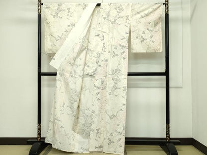 平和屋本店▽極上　創業460年・千總　紬　単衣　手描き　草花文　伊勢丹扱い　反端付き　逸品　CZAA5749s6