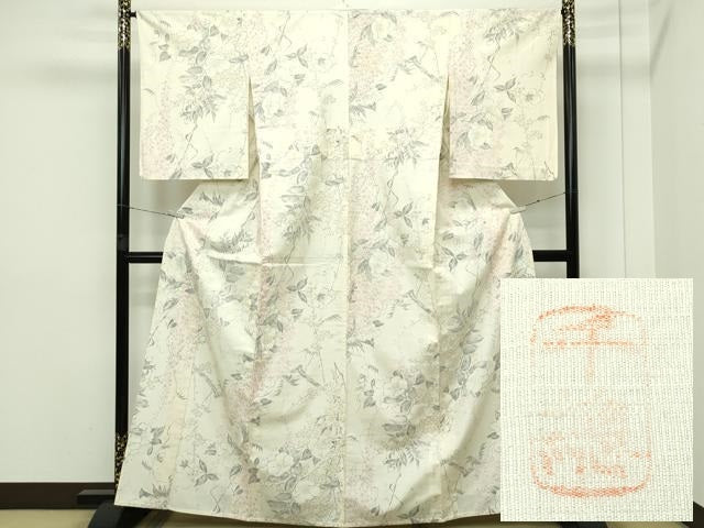 平和屋本店▽極上　創業460年・千總　紬　単衣　手描き　草花文　伊勢丹扱い　反端付き　逸品　CZAA5749s6
