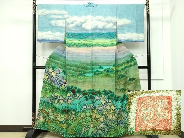 平和屋本店■極上　樋熊哲也　訪問着　辻が花　絞り　手描き　風景文　暈し染め　逸品　CZAA2754s5