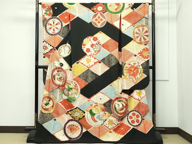 平和屋本店●極上 アンティーク 大正ロマン 振袖 駒刺繍 菱松葉宝尽くし丸文 黒地 金銀彩 逸品 CZAA2766s5
