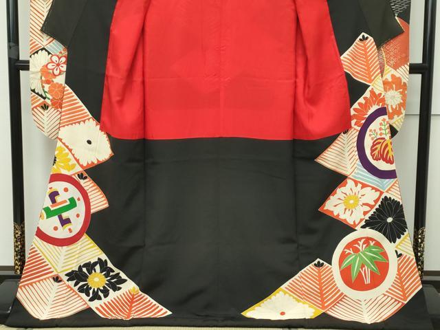 平和屋本店●極上 アンティーク 大正ロマン 振袖 駒刺繍 菱松葉宝尽くし丸文 黒地 金銀彩 逸品 CZAA2766s5
