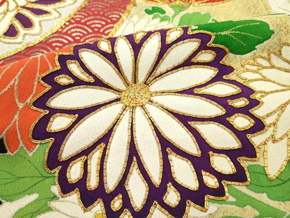平和屋本店●極上 アンティーク 大正ロマン 振袖 駒刺繍 菱松葉宝尽くし丸文 黒地 金銀彩 逸品 CZAA2766s5