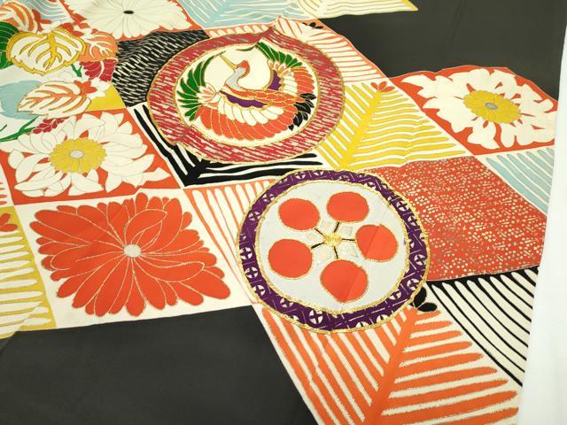 平和屋本店●極上 アンティーク 大正ロマン 振袖 駒刺繍 菱松葉宝尽くし丸文 黒地 金銀彩 逸品 CZAA2766s5