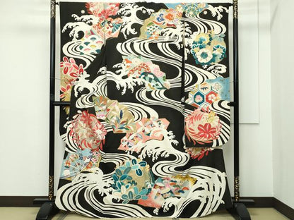 平和屋本店■希少　夏物　アンティーク　大正ロマン　振袖　絽縮緬　駒刺繍　流水吉祥草花文　黒地　金彩　逸品　CZAA2767s5
