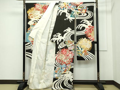 平和屋本店■希少　夏物　アンティーク　大正ロマン　振袖　絽縮緬　駒刺繍　流水吉祥草花文　黒地　金彩　逸品　CZAA2767s5