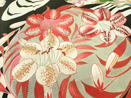 平和屋本店■希少　夏物　アンティーク　大正ロマン　振袖　絽縮緬　駒刺繍　流水吉祥草花文　黒地　金彩　逸品　CZAA2767s5