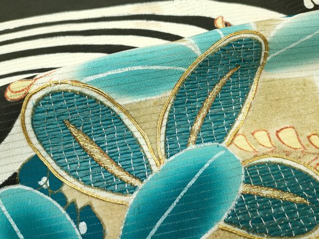 平和屋本店■希少　夏物　アンティーク　大正ロマン　振袖　絽縮緬　駒刺繍　流水吉祥草花文　黒地　金彩　逸品　CZAA2767s5