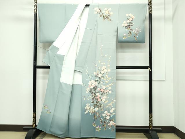 平和屋本店●極上　本加賀友禅作家　茶谷孝志　訪問着　草花文　暈し染め　青白橡色地　逸品　CZAA5408s6
