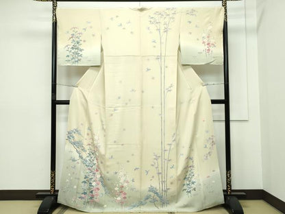 平和屋本店■極上　本加賀友禅作家　染元千紅代表　寺西一紘　訪問着　松竹梅花鳥文　暈し染め　砥粉色地　逸品　未使用　CZAA2773s5