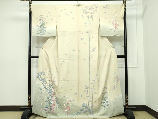 平和屋本店■極上　本加賀友禅作家　染元千紅代表　寺西一紘　訪問着　松竹梅花鳥文　暈し染め　砥粉色地　逸品　未使用　CZAA2773s5